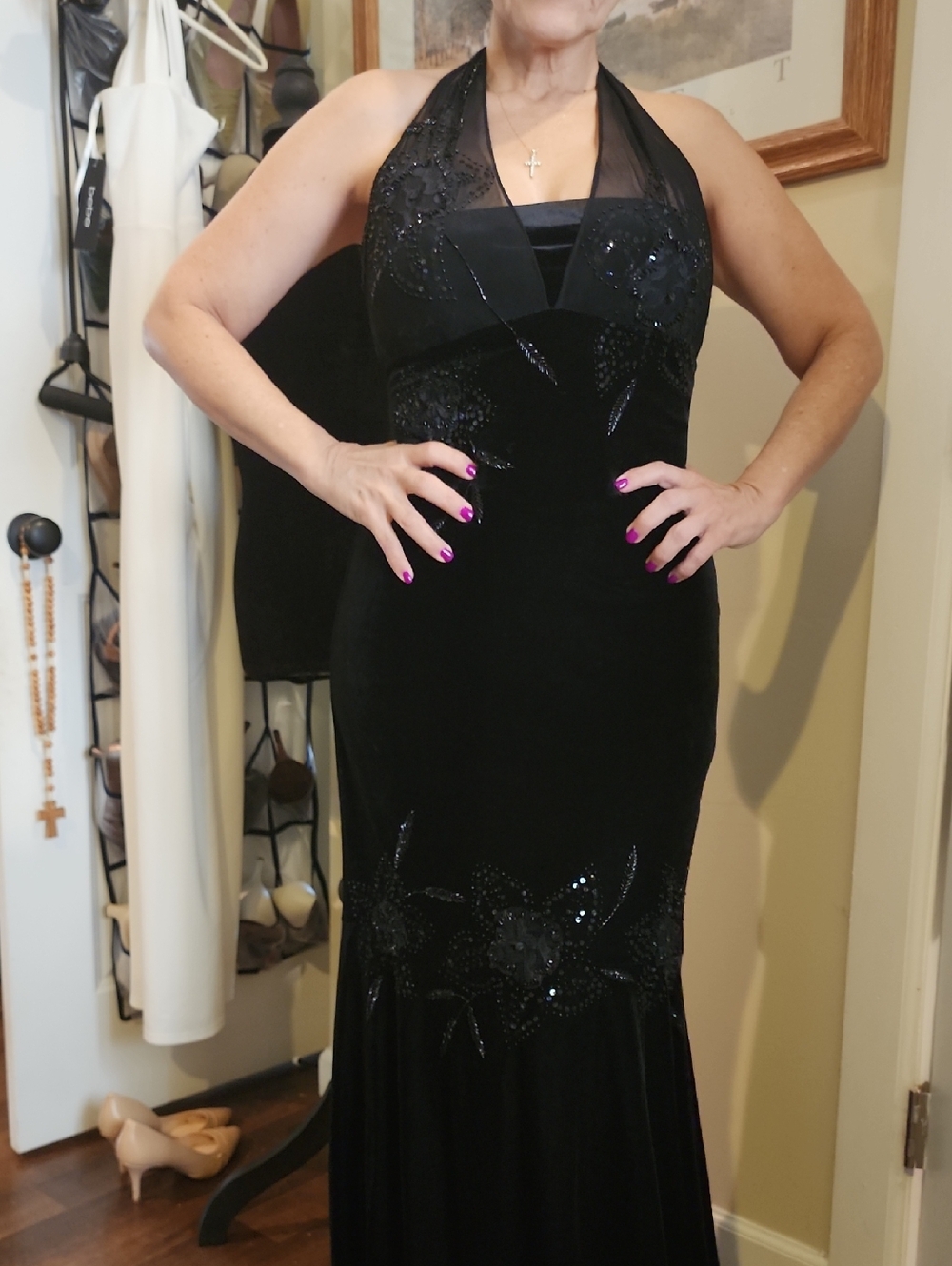 Black Halter Velvet Evening Dress - Elegant Sequin Detail
